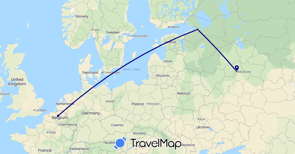 TravelMap itinerary: driving in Belgium, Russia (Europe)